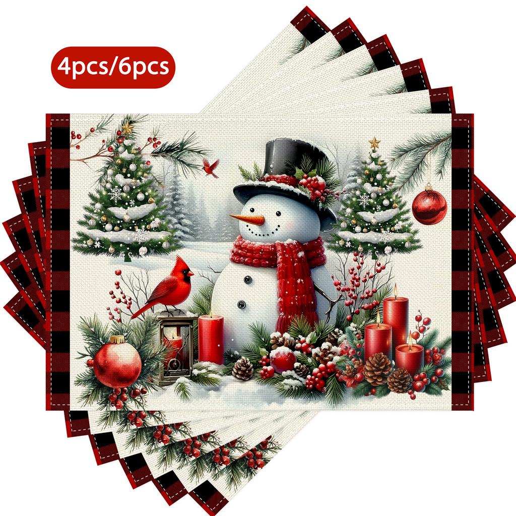 4 or 6pcs Plaid Christmas Placemats Suitable for Kitchen Dining Table - Rectangular Red & Winter Table Mats with Pine Branch, Berries, Pinecones,