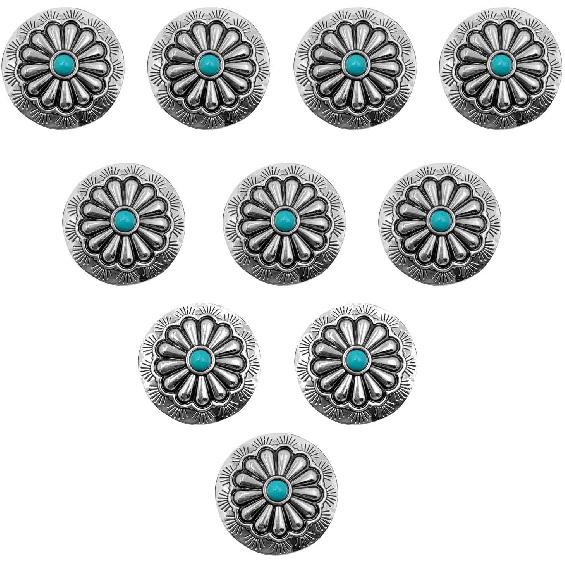 5/10pcs Decorative Leather Craft Western Vintage Turquoise Metal Round Concho Button Screw Back (Green, 10pcs)