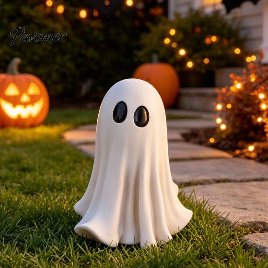 Durable Resin Autumn Display Cute White Ghost Statue, Big Eyes Figurine, Halloween Tabletop Decor, Child-Friendly Party Props Spooky Indoor