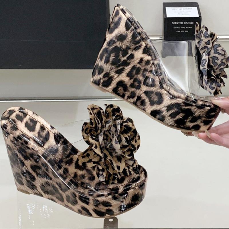Fashion Leopard Flower Slope Ladies Sandals Transparent PVC Pointed Toe Open Toe Heels for Ladies Summer Fashion 13 Cm Super High Heels