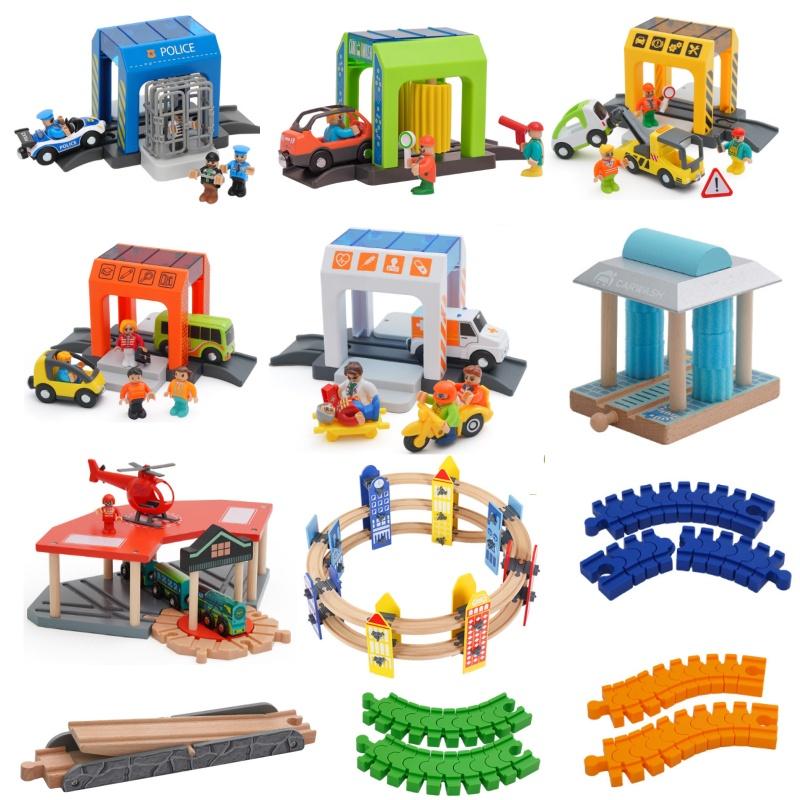 Car Wash Rail Car Set Train Scene Children Fire Station Police Station Simulation Toy  Station Bridge Wooden Train Tracks Toys