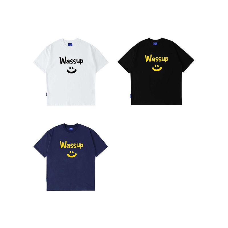 Wassup Trendy Smiley Letter Men and Women Same Type T-shirt Summer Loose All-Match Trendy Tee Couple round Neck Short Sleeve