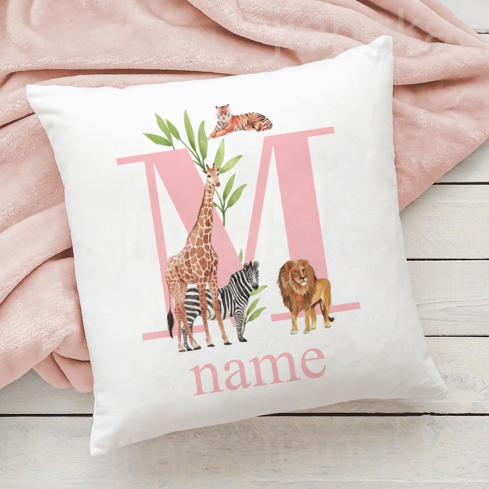Personalized Pillow Case Initial with Name Safari Animal Pillow Cover Kids Bedroom Wild Party Decor Kids Birthday Shower Gift