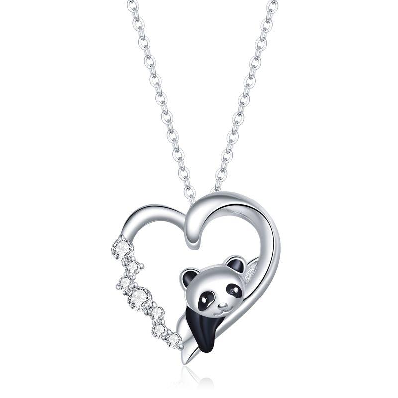 

Sterling Silver Lovely Panda Necklace Dazzling Heart Zircon Long Chain Link Necklace for Women Fashion Jewelry