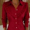 Women Shirt Lapel Long Sleeve Ruffle Decor Shirt Tops Pure Color Loose Fit Buttons Placket Casual Shirt Work Party Vacation Wear