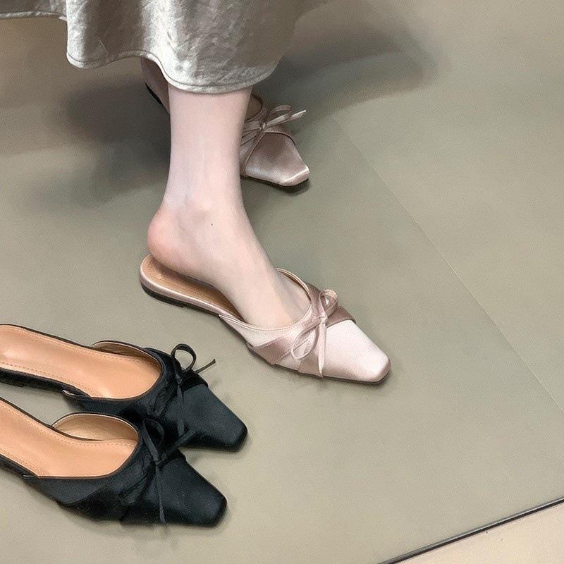 Pink bow bag head half slippers female 2025 summer French temperament fairy half tray single shoes