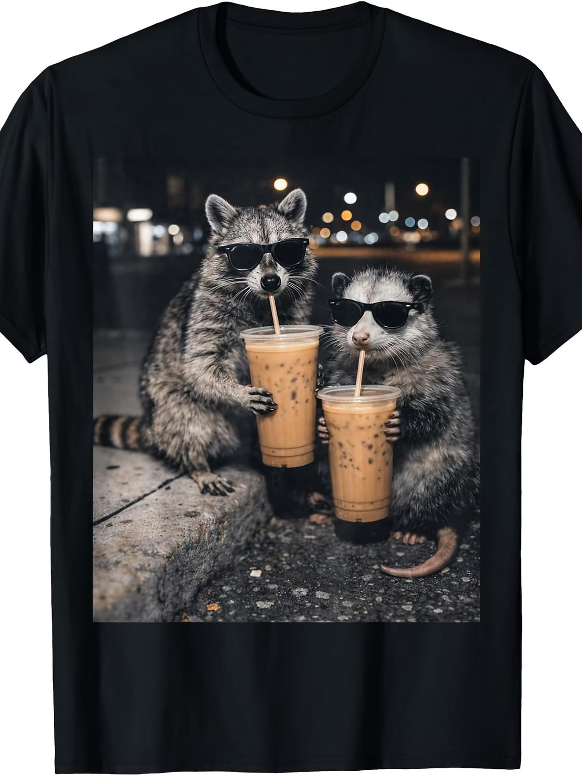 Retro Raccoon & Opossum Drinking Iced Coffee T-Shirt - Funny Cute Animal Graphic S