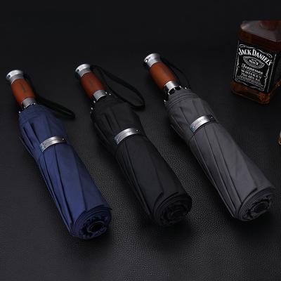 High-end 10 Bone Reinforced Windproof Rainproof Umbrella with Wooden Handle Tri-fold Fully Automatic Business Umbrella