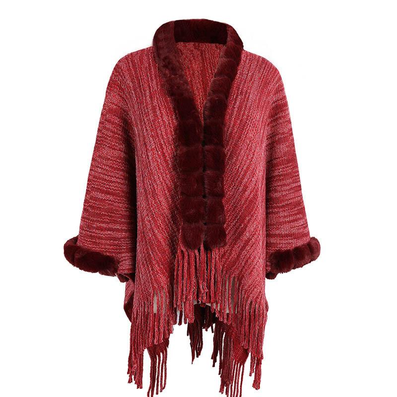 Warm Fur Collar Knitted Shawl Cardigan Cape Shawl Polyester Plus Size Women'S Shawl