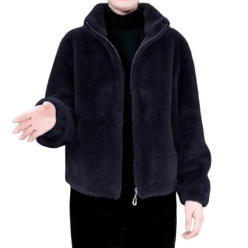 Women Winter Coat Thick Faux Fur Turn-down Collar Short Type Zip-up Cardigan Long Sleeves Cold-proof Outerwear School Outdoor Jacket