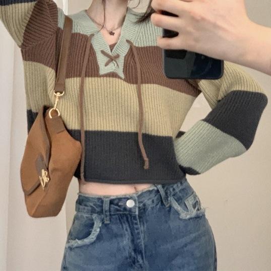 Versatile retro striped v-neck sweater short women's loose niche contrasting color high-end lace-up knitted sweater