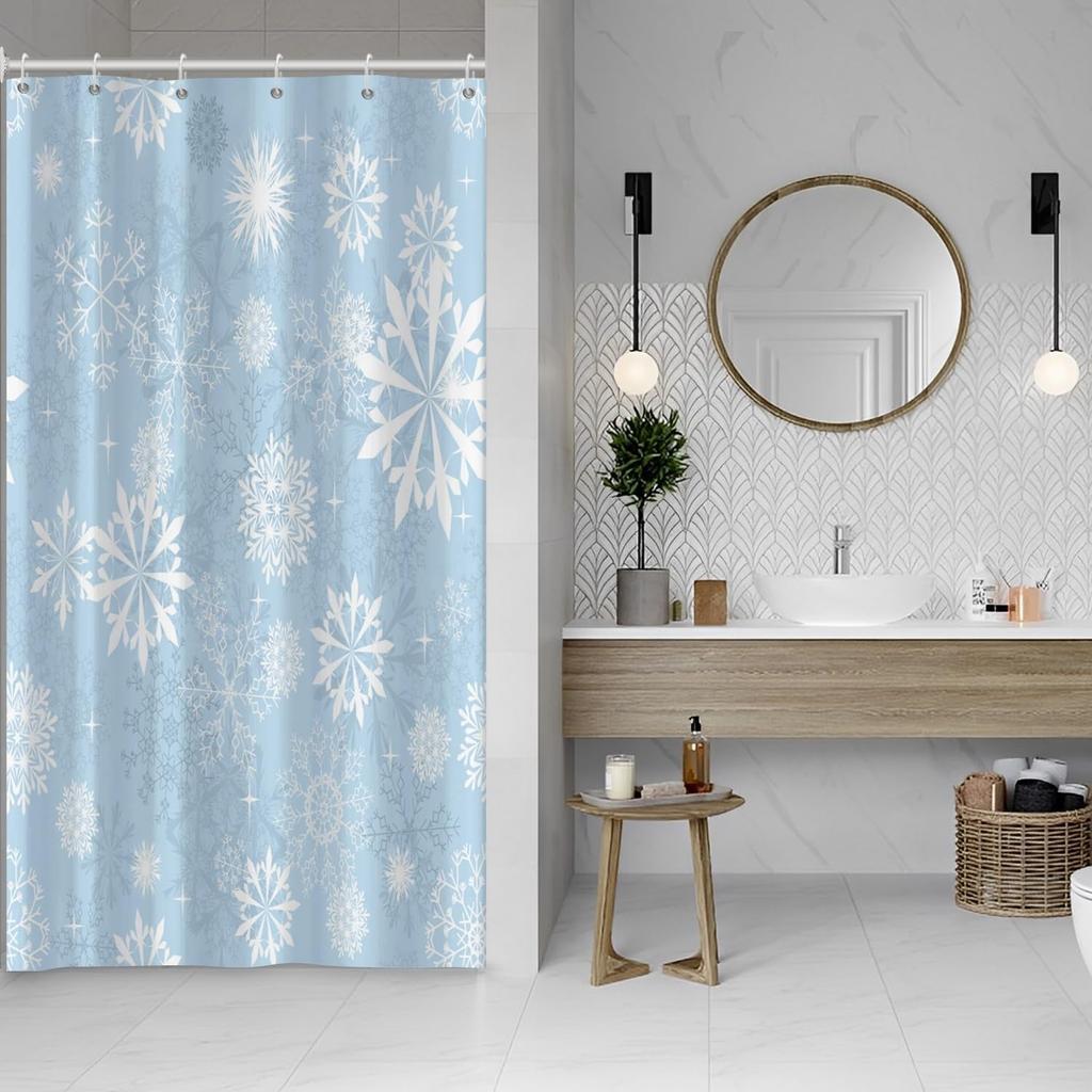 Snowflakes Shower Curtain For Bathroom Merry Christmas Decor Shower Curtain Set With Hooks Red White Snow Flowers Mas Waterproof