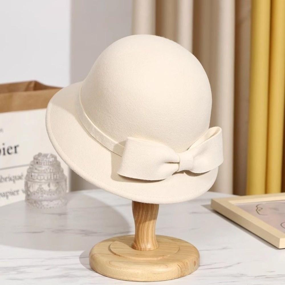 Keep Warm Bow Topper Hat French Style Woolen Bucket Hat Elegant Women Fisherman Hat Funeral