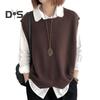 Women Knitted Vest Autumn Winter O Neck Solid Color Wavy Hem Warm Soft Loose Casual Female Ladies Waistcoat Sleeveless Top Knitwear