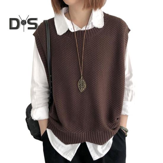Women Knitted Vest Autumn Winter O Neck Solid Color Wavy Hem Warm Soft Loose Casual Female Ladies Waistcoat Sleeveless Top Knitwear