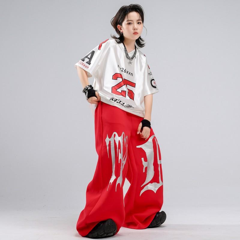 Kids Hip Hop Dance Outfit Set - White Short Sleeve Top Red Pants Boys Girls Stage Performance