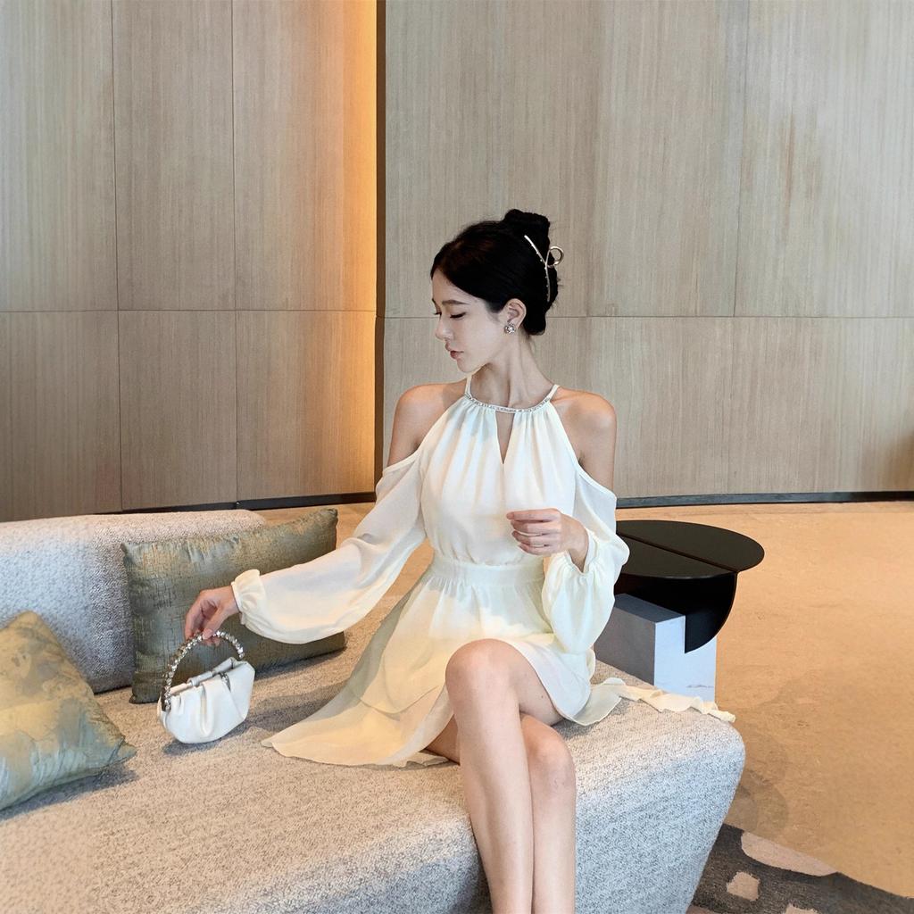 Spring and summer new French off-the-shoulder chiffon dress loose and thin ruffle edge elegant versatile fairy dress