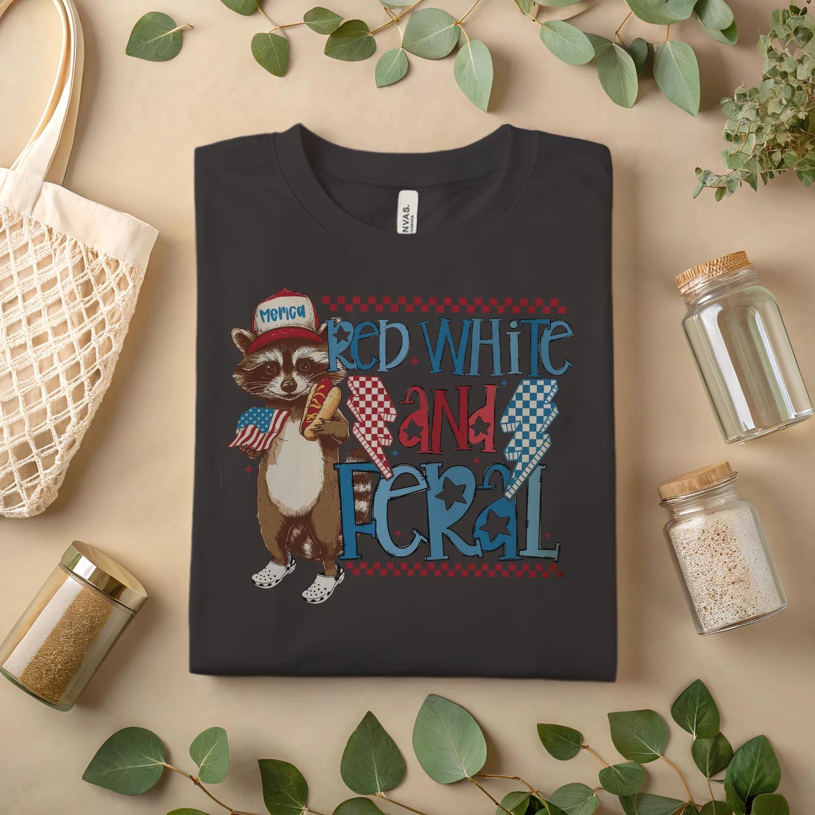 Red White and Feral Raccoon T-Shirt Funny 4th of July Patriotic Graphic Tee A494 4XL