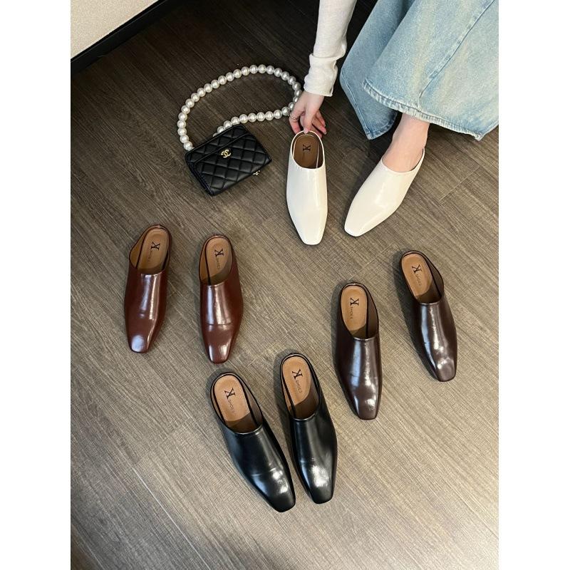 2025 primavera y otoño nuevo bolso versión coreana cabeza arrastre medio simple cabeza cuadrada retro zapatillas perezosas medias zapatillas zapatos planos