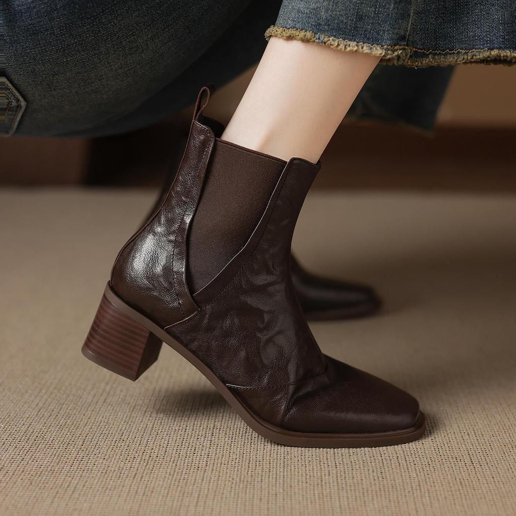 Krazing Pot Sheepskin Square Toe Med Heels Chelsea Boots Size 42 Zip Women Pleated Decoration Vintage Ankle Boots