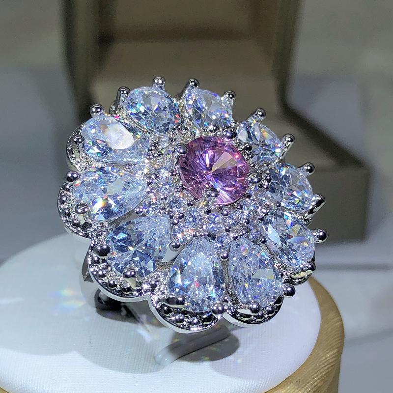 925 Silver Trendy Luxury Jewelry Ladies Shiny White Zirconia Crystal Flower Female Ring for Women Party Wedding