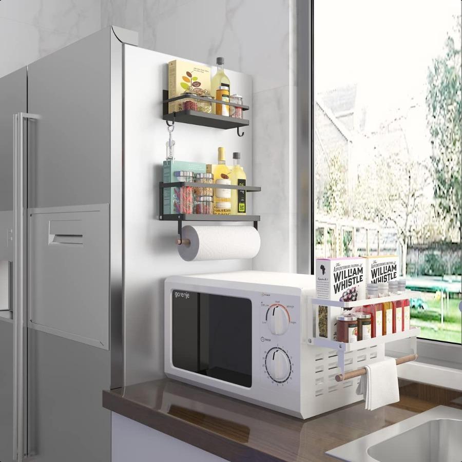 

Магнитный держатель для бумажных полотенец 2в1 Магнитная полка для специй с крючками Настенная полка Вешалка для полотенец для холодильника Черный С крючком United States