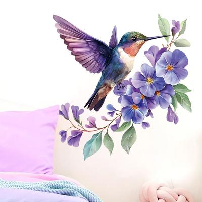 Cartoon Ästhetisch Lila Floral Kolibri Wandaufkleber, Selbstklebende Dekoration für Zimmer Schlafzimmer Dekoration