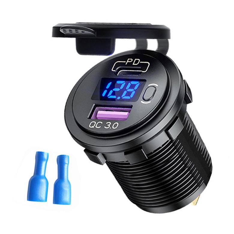 USB C Car Charger Socket 12V/24V Dual USB Socket PD3.0 and QC3.0 Car USB Port With LED Voltmeter and On/Off Switch