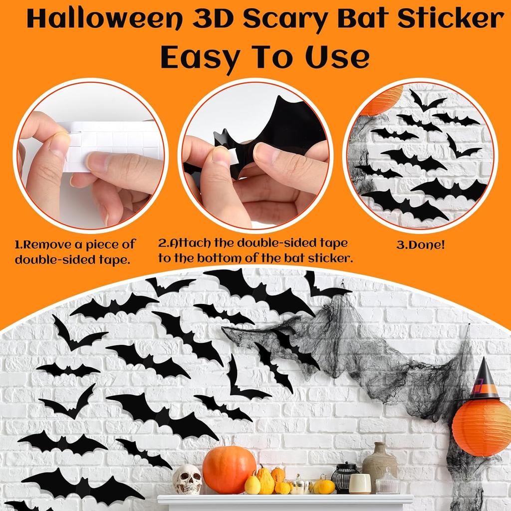 NEBURORA 36 Pcs Halloween Bats Wall Decor Realistic PVC Black 3D Scary Bat Sticker 4 Different Sizes Spooky Wall Decal for Home Kitchen Bathroom