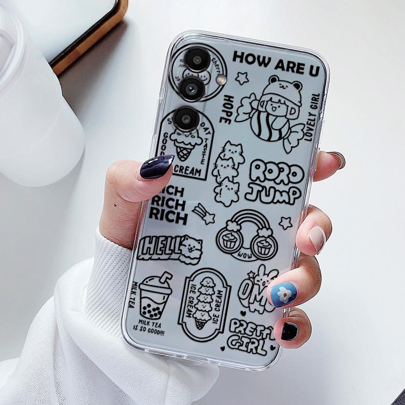 Transparent Case For Samsung Galaxy A24 A17 A16 A56 A55 A54 A06 4G Cover Cartoon Flowers Soft Clear Shockproof Funda Face Capa