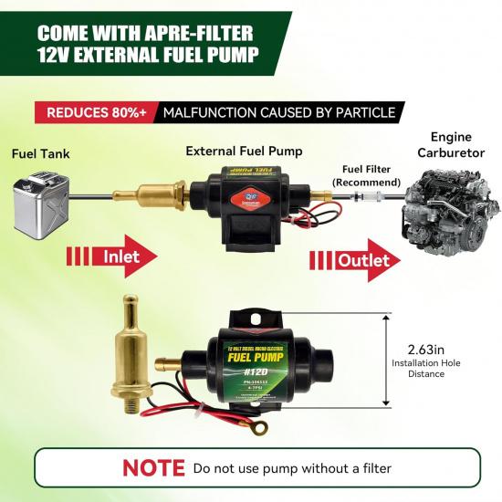 12D Micro Electric Diesel Fuel Pump Universal 5/16 Inch Inlet And Outlet 12V 1-2 A, 35 GPH, 4-7 PSI
