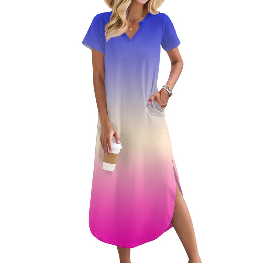 Women's Long Skirt Casual V-neck Long Shirt Dress Loose Slit Holiday Short Sleeve Dress