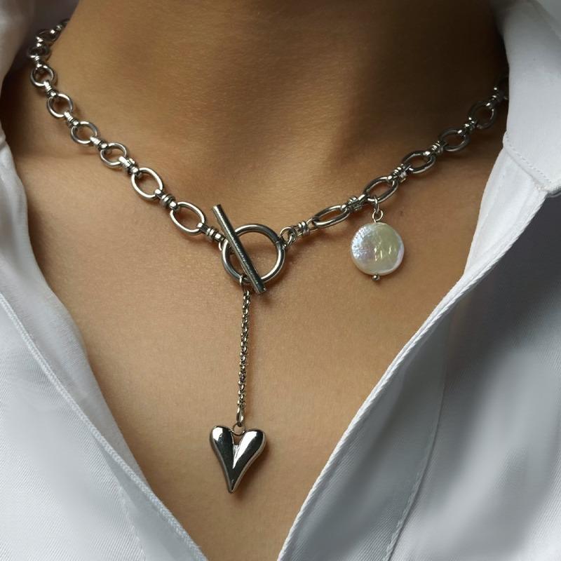Meier Ins heart pendant titanium steel chain necklace with baroque freshwater pearl - minimalist style for women