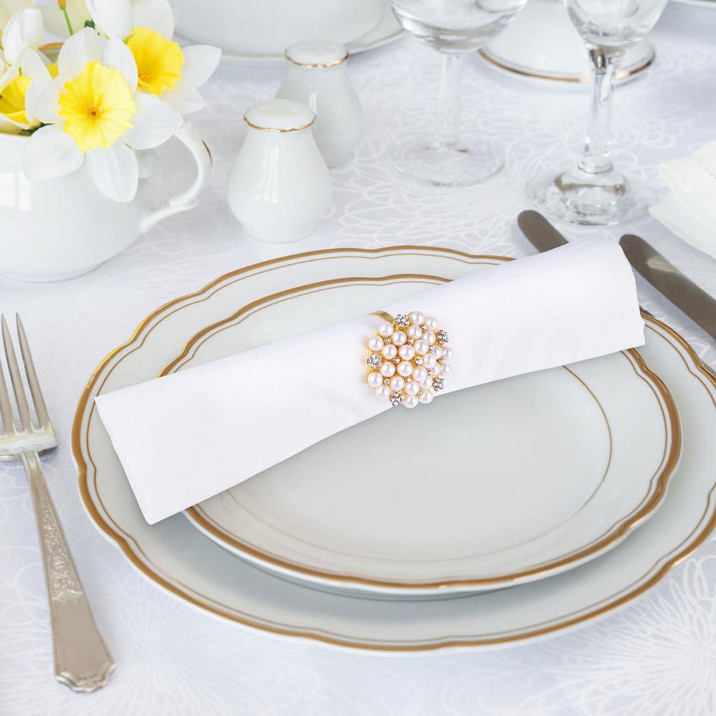1Set Elegant Silver Plating Napkin Rings Pearl Diamond Embedded Metal Electroplated Napkin Buckle Party Decoration