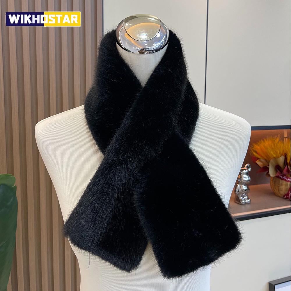 Women Winter Warm Thicken Cross Collar Scarf Solid Color Faux Rabbit Fur Cold Proof Scarves Fashion Soft Furry Neck Warmer