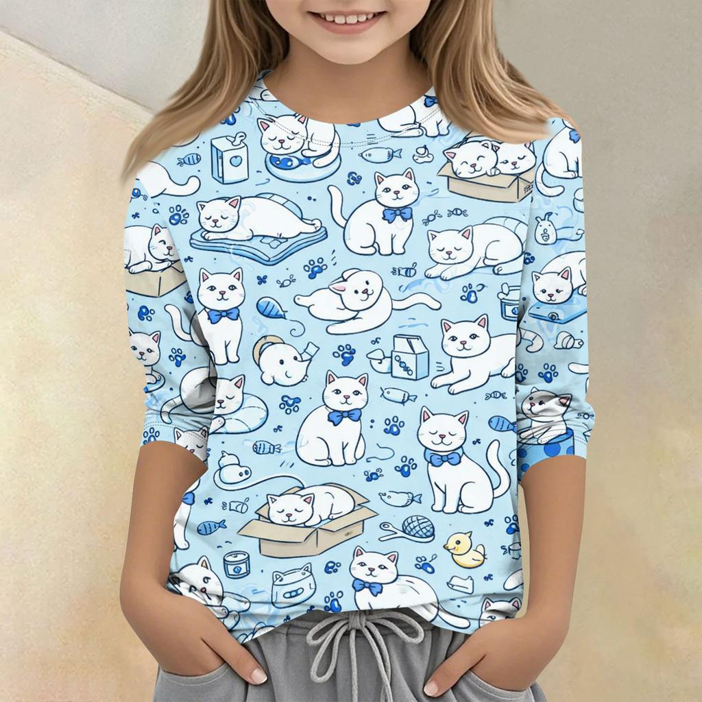 Children's Printed Round Neck Seven Quarter Sleeve Casual T-shirt