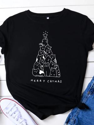 Merry Catmas Print Women T Shirt Short Sleeve O Neck Loose Women Tshirt Ladies Fashion Tee Shirt Tops Clothes Camisetas Mujer