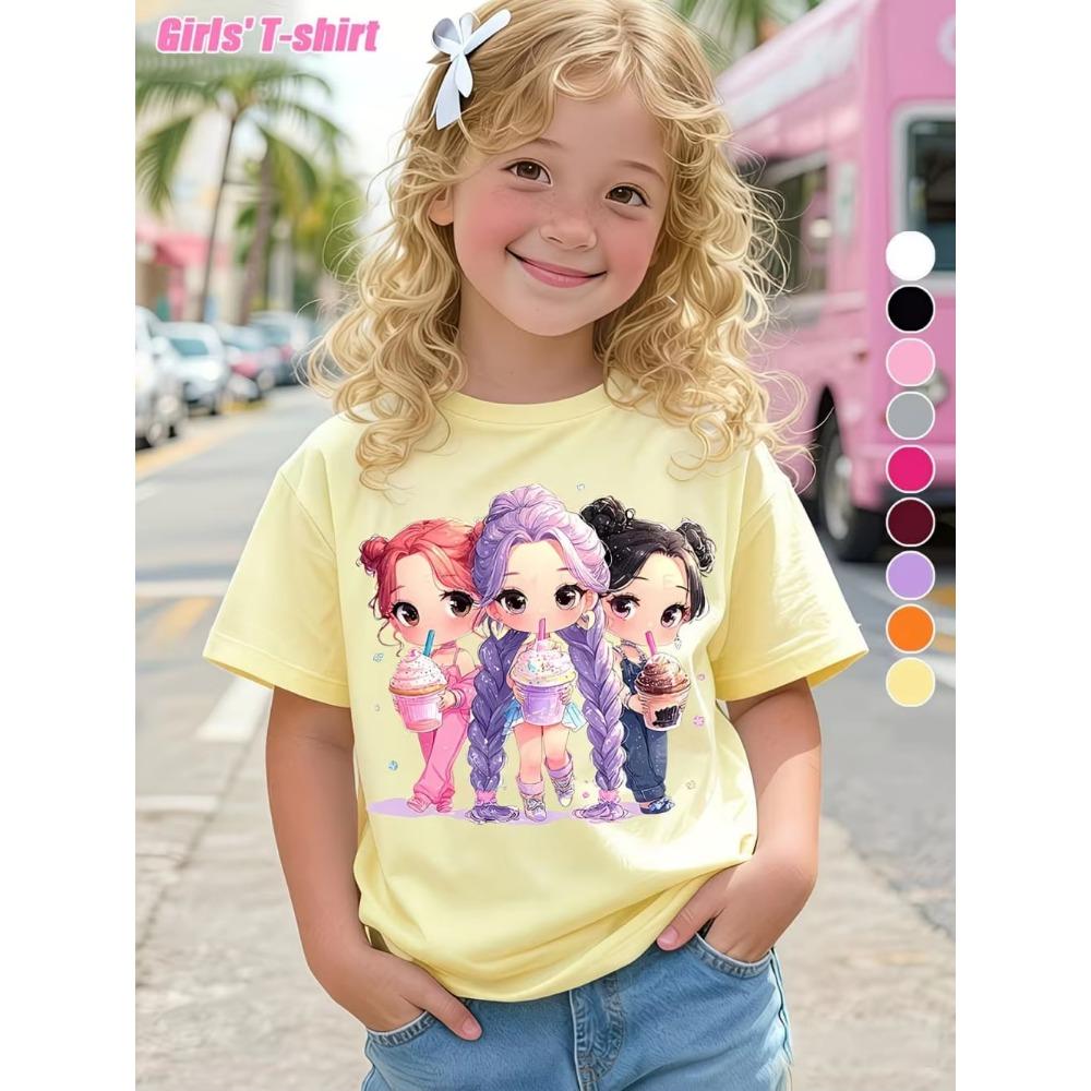 Children's Kpop Popular Cartoon Print T-Shirt Tops Clothing Design Casual Harajuku Style Round Neck Short Sleeve Girl Clothing