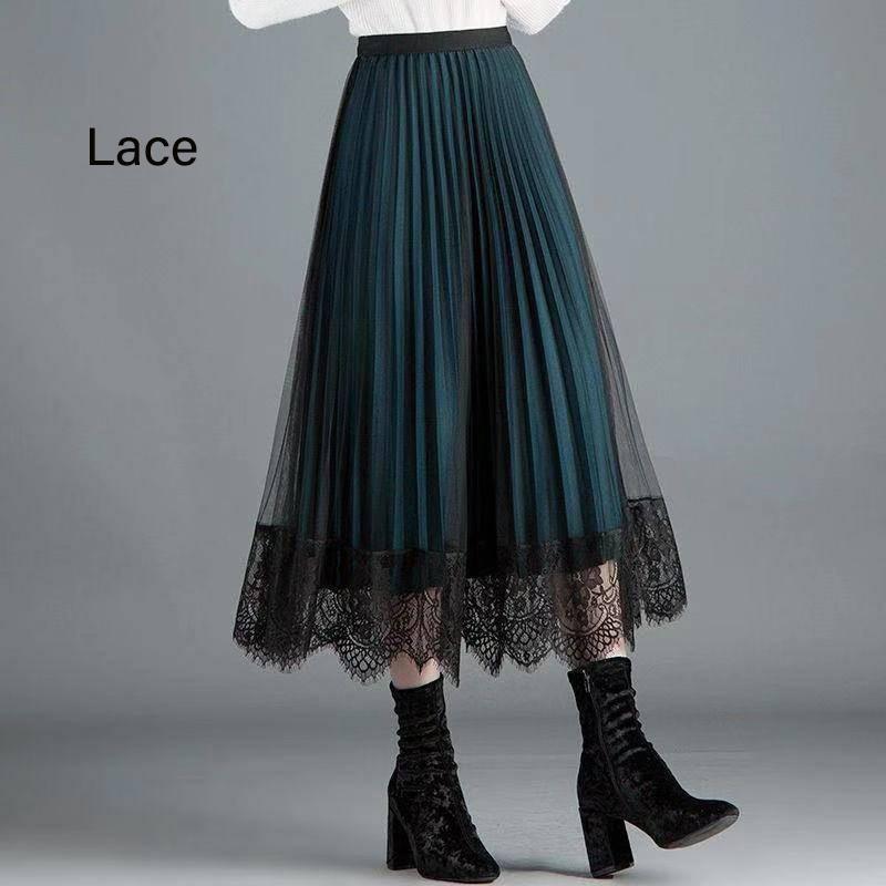 Beidseitig tragbar Goldener Samtgarn Bedruckter Spitzrock Damen Midilänge Elastischer Bund Plissee-Rock Schule Arbeit Reise