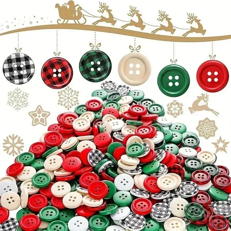 60 Pieces, Christmas Wooden Buttons, 6 Colors, 0.79 Inches, Plaid Wooden Buttons, 4 Holes, Black And Red Wooden Buttons, Plaid