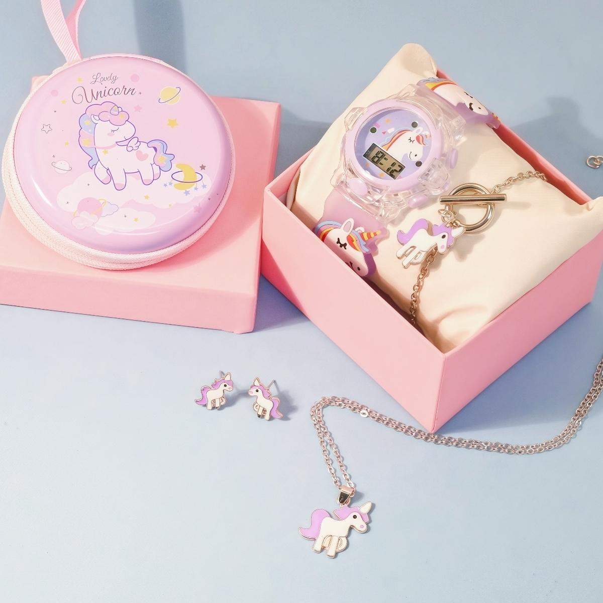 

Модные новые конфетные креативные часы-единорог, милые, с высоким чувством дизайна, маленькие сумки, ожерелье, браслет, серьги, набор из шести предметов розовый