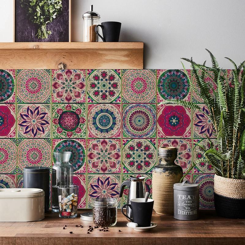 24pcs Waterproof Wall Sticker Art Retro Mandala Tile Stickers Wall Stickers Living Room Decor Bathroom Kitchen Decoration
