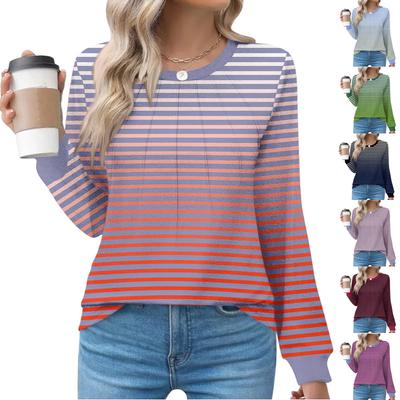 Women's Fashion Casual Striped Print Pleated Comfortable Round Neck Loose Long Sleeve T-shirt Top