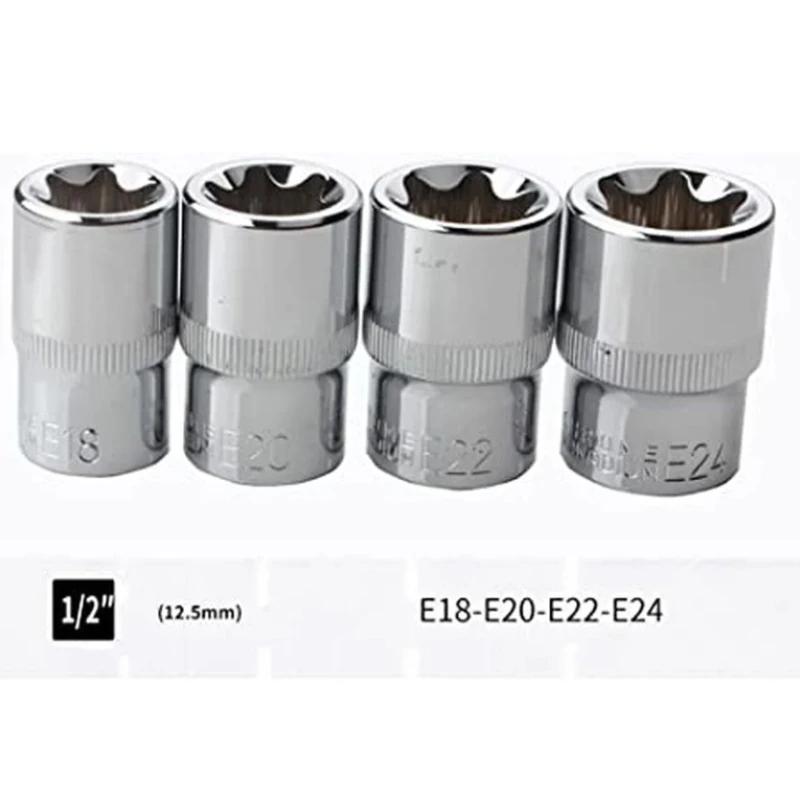 14Pcs E-Torx Hexagonal Plum Torque Socket Set with Case 1/4, 3/8, 1/2 In Drive Female External Star Socket Set E4-E24 Sockets