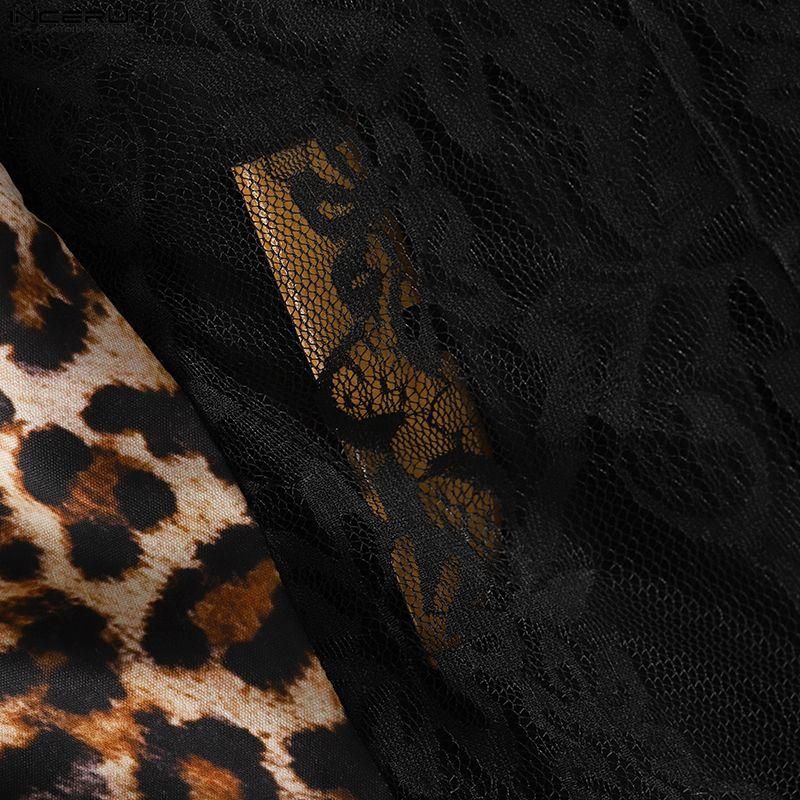 INCERUN Men's Leopard Print Patchwork Elastic Waist Trousers Streetwear Casual Wide Leg Loose Pants