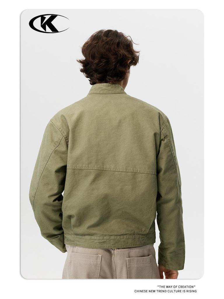 11KN Unisex Retro Distressed Workwear Jacket with Airplane Buckle and Wide Lapel