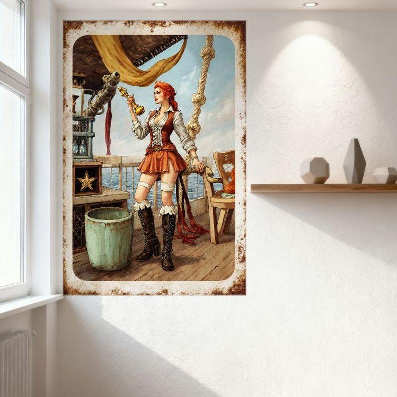 Sexy Red-Haired Woman On Ship Wooden Deck Vintage Tin Sign, High Ponytail White Blouse Corset Vest Red Skirt Garter Belts Black