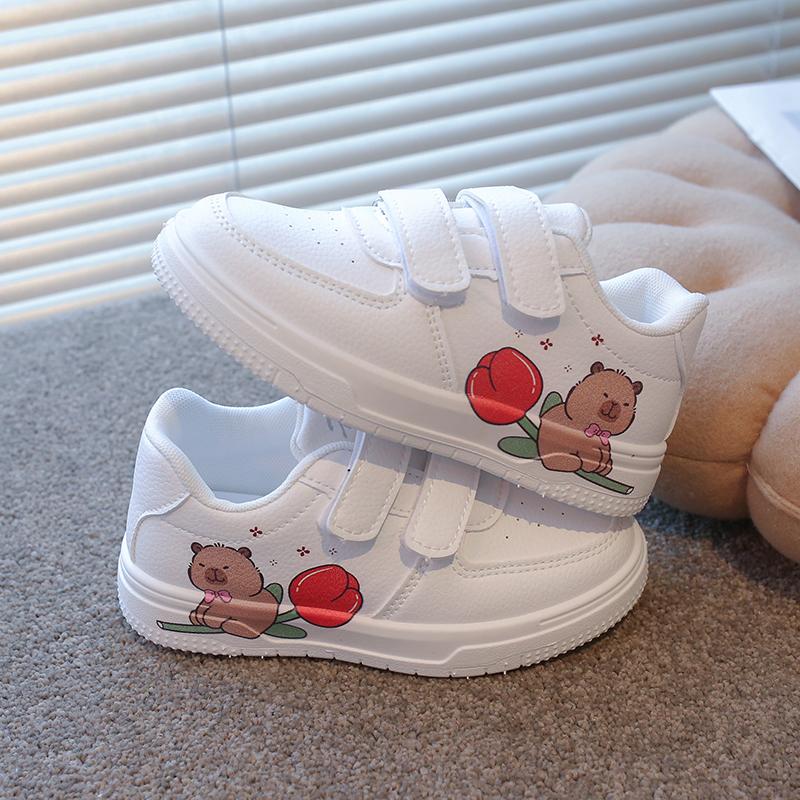 Fashion Girls White Shoes Boys Casual Sneakers with Cartoon Capybara Prints Non-slip Classic Kids Sports Skate Shoes Size 21-38