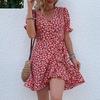 Summer European and American sexy ruffle edge floral slim short red dress