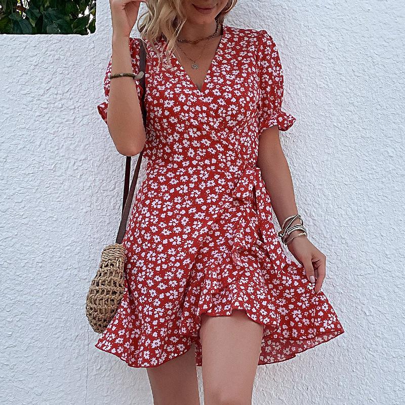 Summer European and American sexy ruffle edge floral slim short red dress